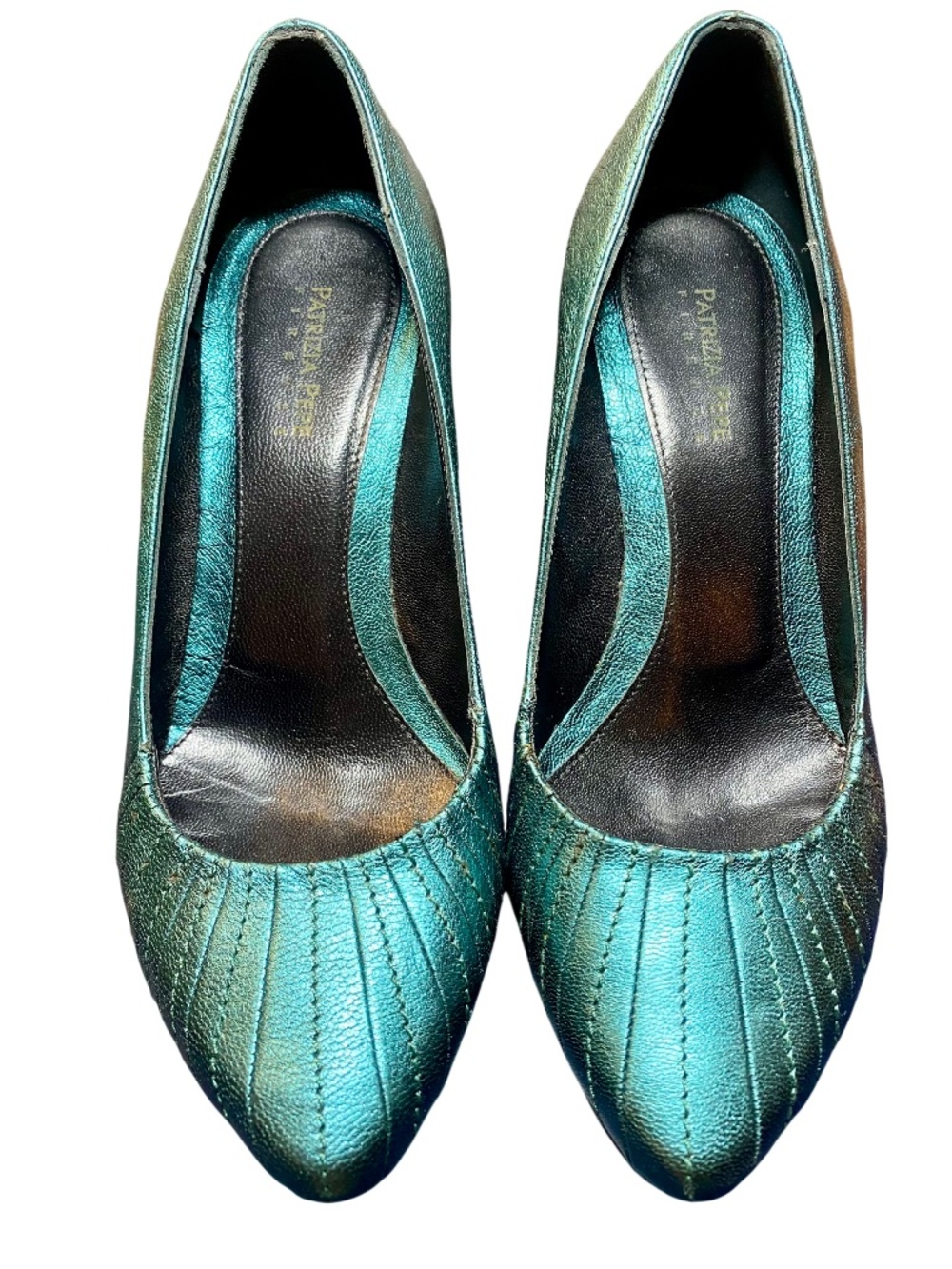 Vintage 2000s Patrizia Pepe Metallic Teal Pleated Leather Pumps 37 7